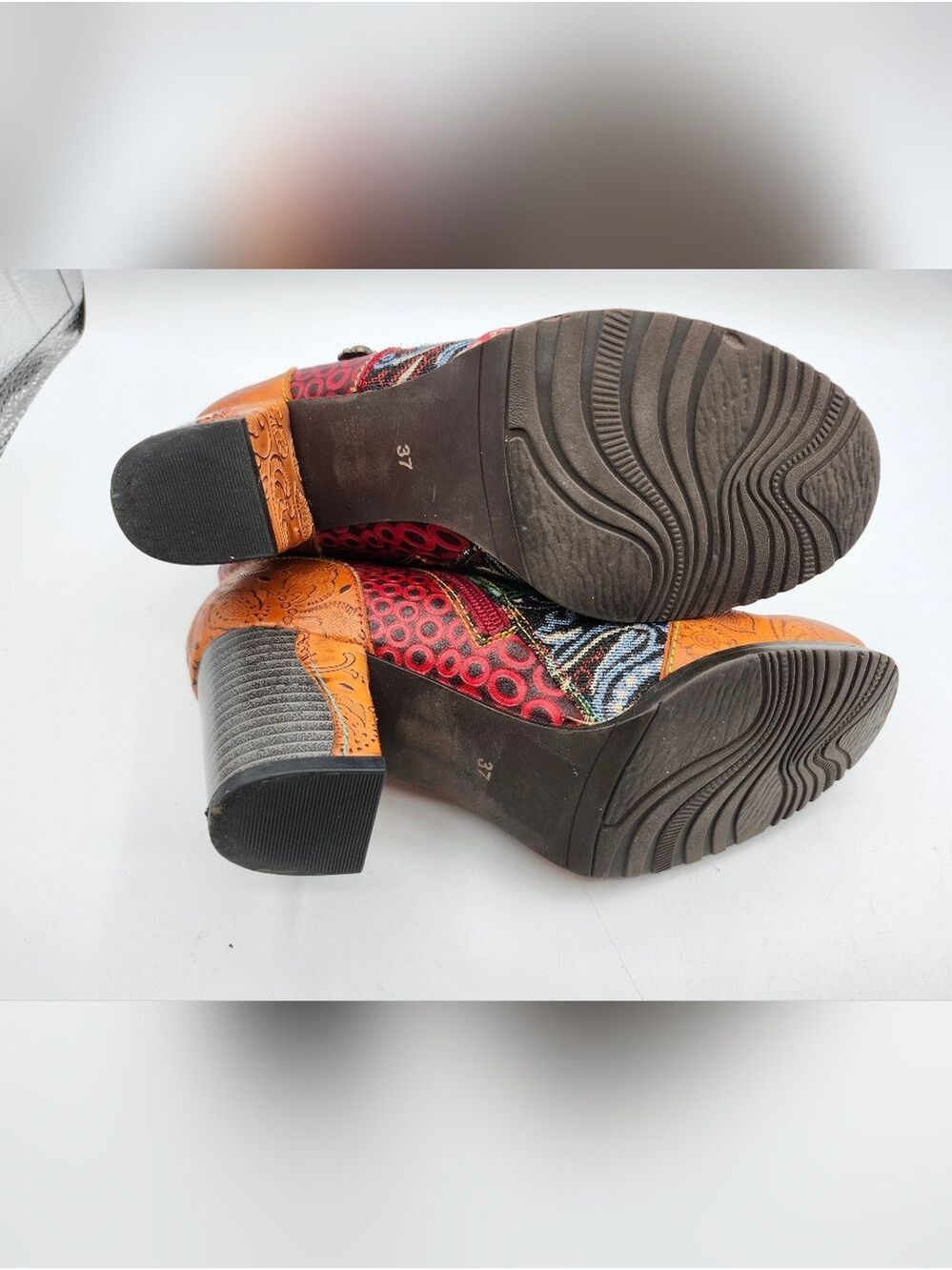 Socofy Leather Multicolor Patchwork Embossed Ankle Booties Colorful 3" Heel - Picture 9 of 9